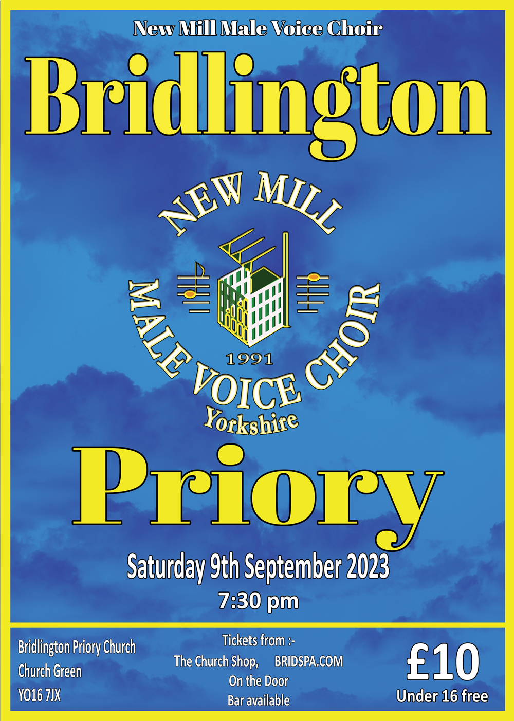 Poster for the New Mill Male Voice Choir concert at Bridlington Priory, September 2023