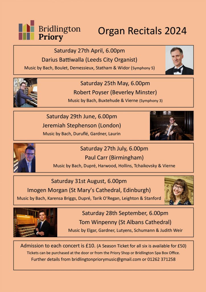 Event poster: list of 2024 organ recitals at Bridlington Priory