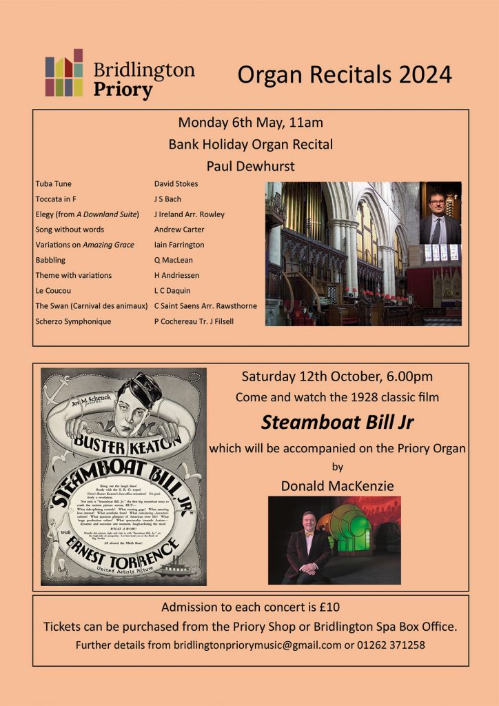 Event poster: list of 2024 organ recitals at Bridlington Priory (Bank Holiday organ recital, Steamboat Bill Jr film screening)