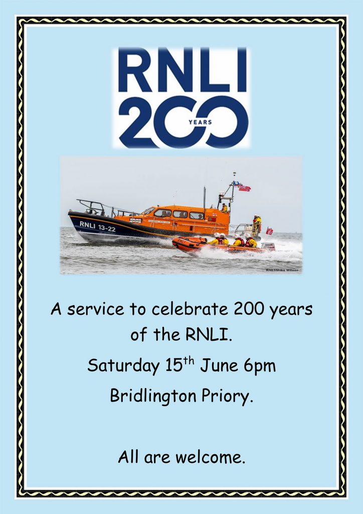 Event poster: RNLI 200 service at Bridlington Priory, 15th June 2024.