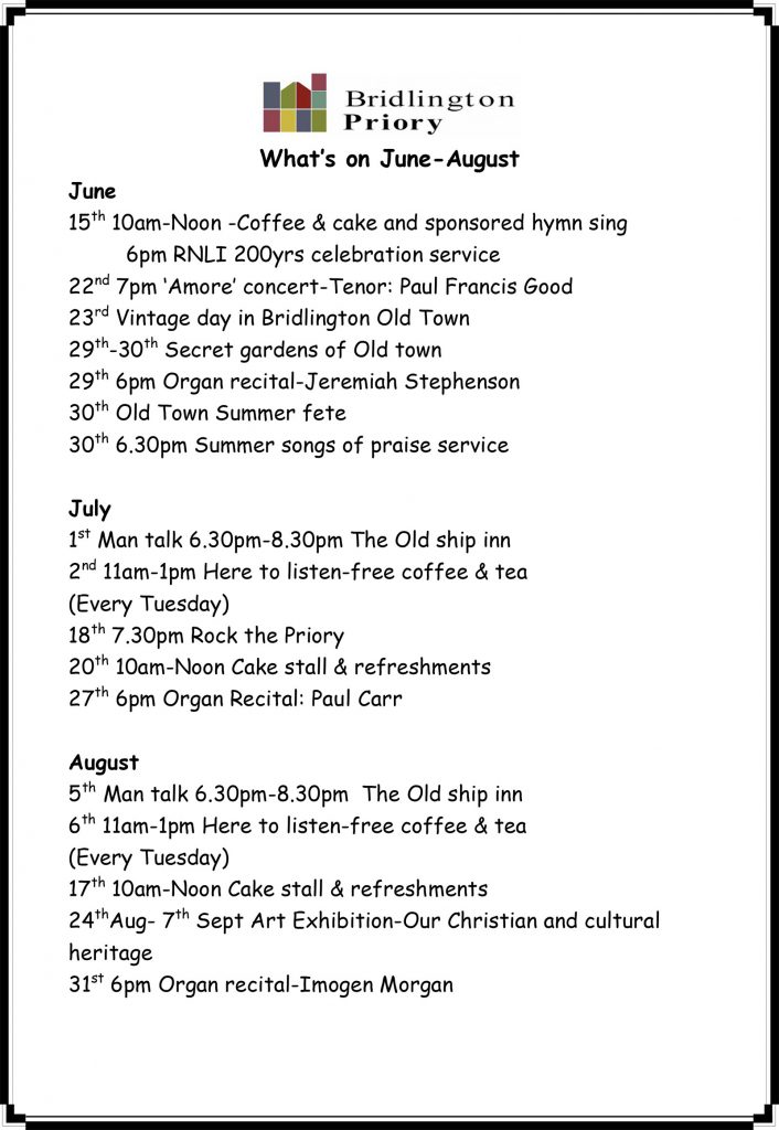 What's On at Bridlington Priory - June to August 2024