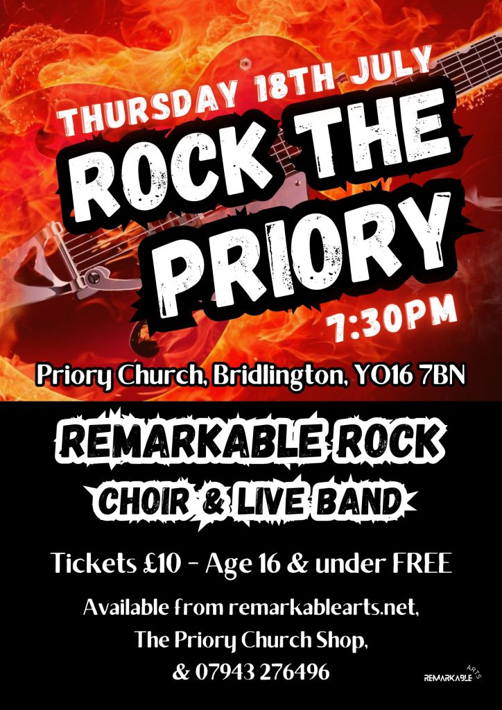Event poster: Rock the Priory at Bridlington Priory, July 2024