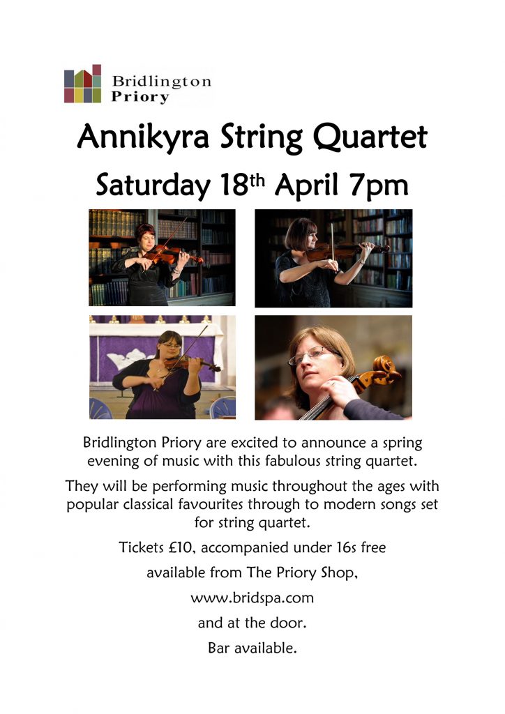 Event Poster: Concert with Annikyra String Quartet at Bridlington Priory (April 2026)