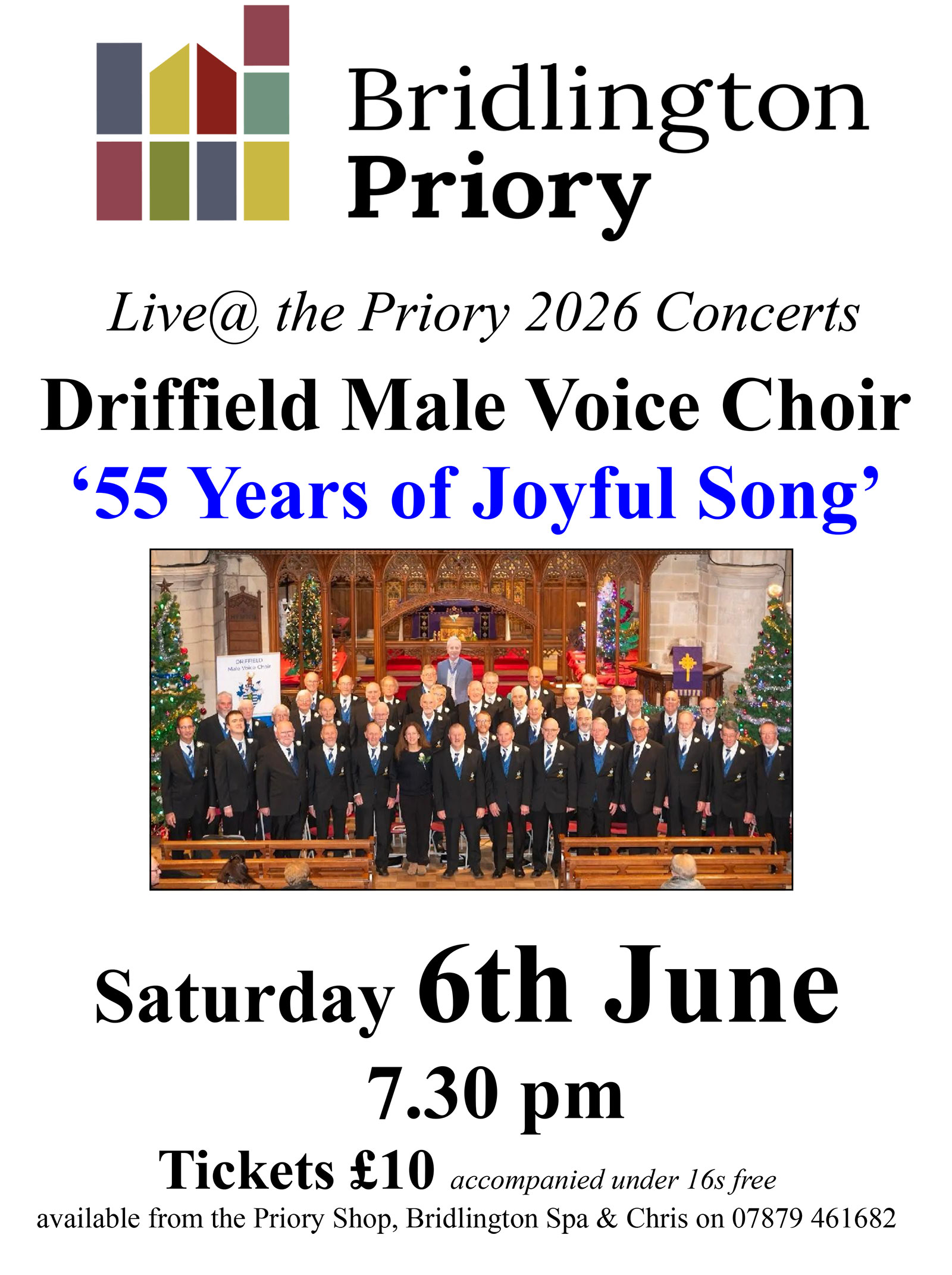 Event poster: '55 Years of Joyful Song' - a concert by Driffield Male Voice Choir at Bridlington Priory